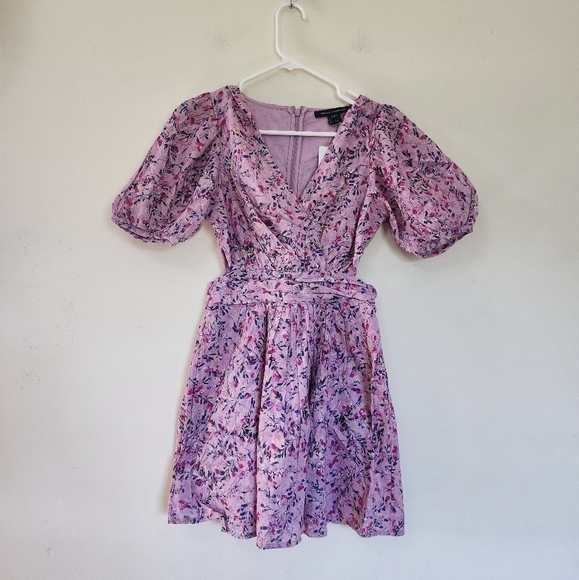 French Connection Mauve Mist Floral V-neck Short Puffed Sleeves Dress size 4 - Picture 1 of 3